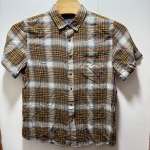 Pendleton Mens Large Short Sleeve Plaid Button Down Shirt Linen Rayon Brown Blue